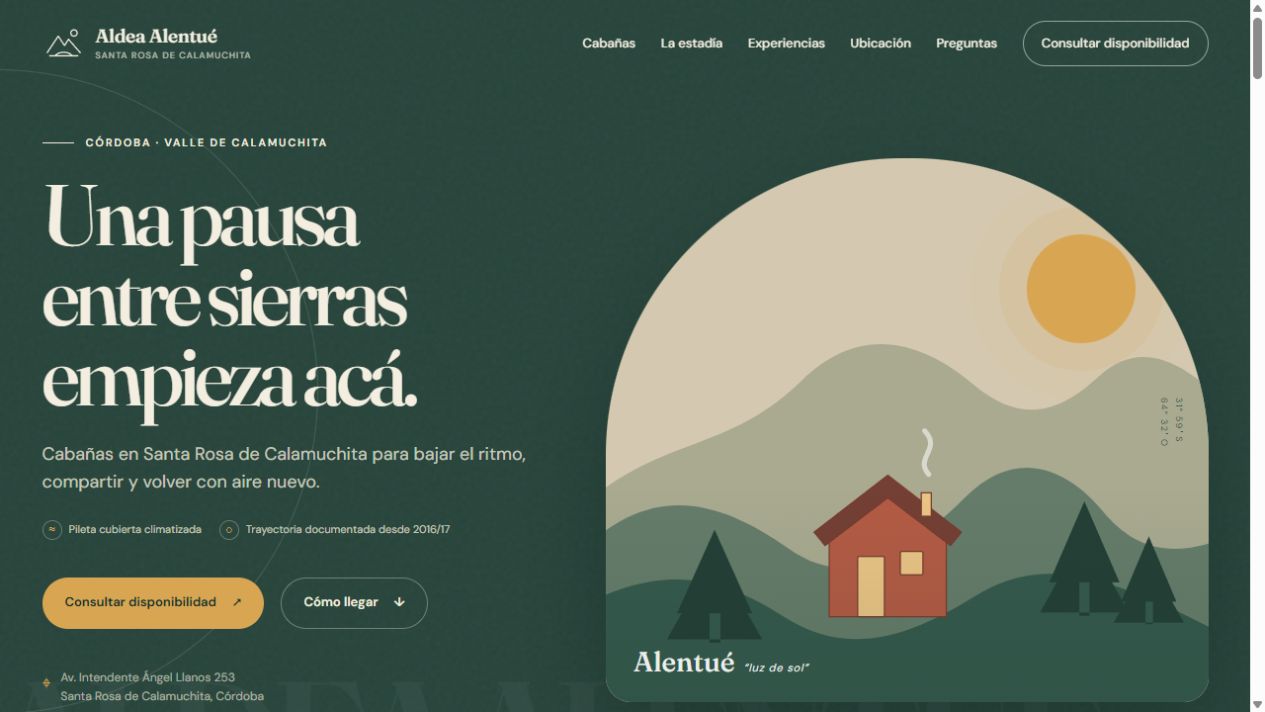 Portada de Aldea Alentué, sitio de cabañas en Calamuchita