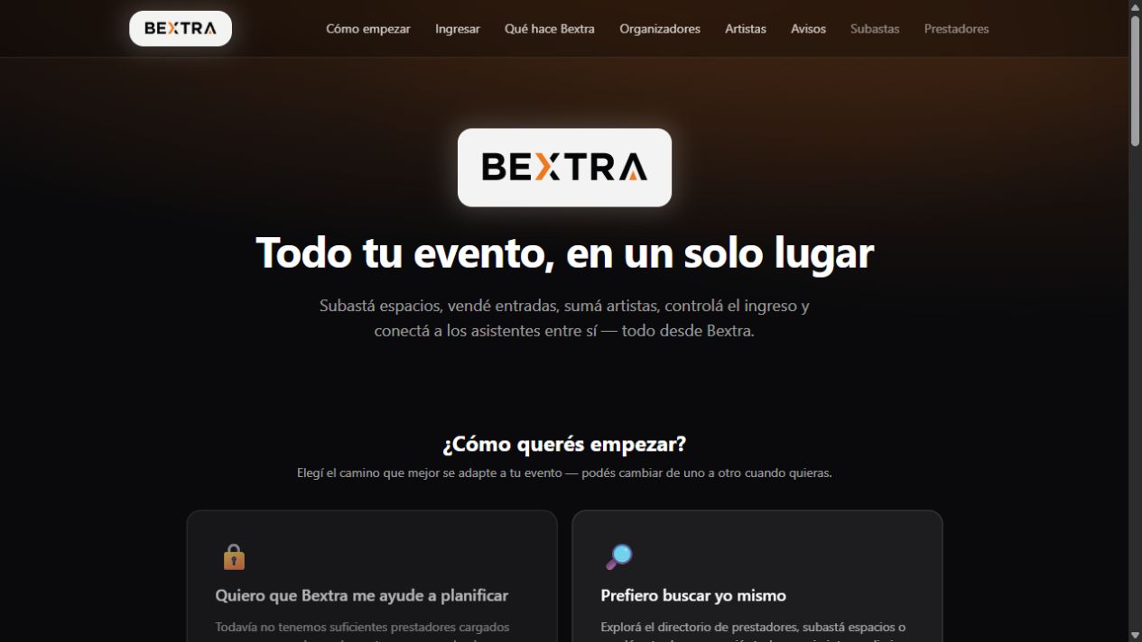 Pantalla principal de Bextra, plataforma integral para eventos