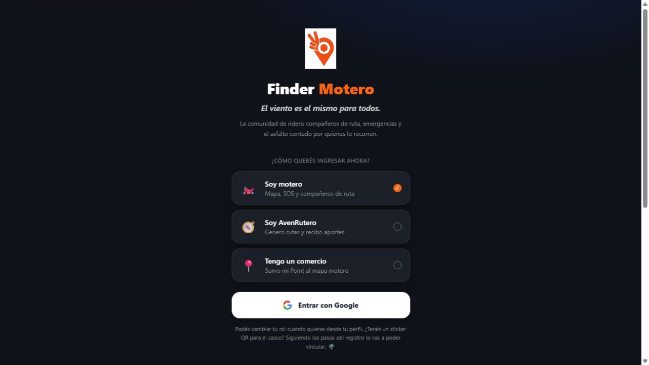 Acceso de Finder Motero, red y mapa colaborativo para riders