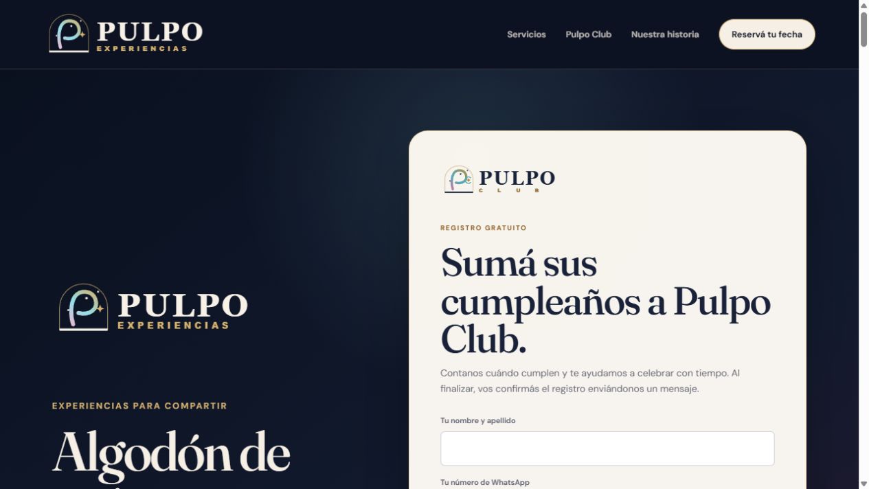 Portada y registro de Pulpo Experiencias